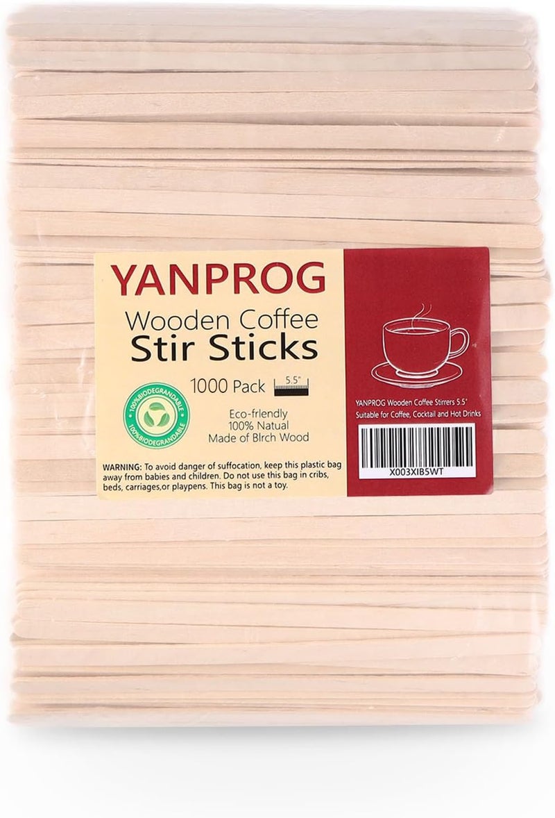 YANPROG Wooden Coffee Stirrers 5.5" Coffee Stir Sticks 1000 Pcs, Natural Birch Round End Thick Birch Wood Eco-Friendly， Suitable for Coffee, Cocktail and Hot Drinks - Image 1